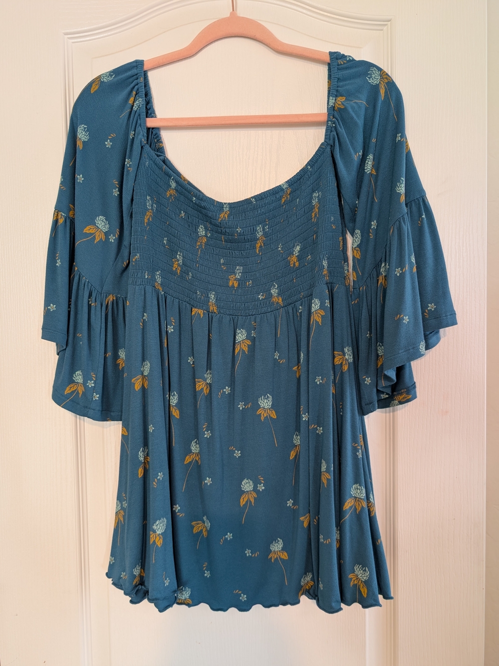 Free People Lana Floral Shirred Tunic Top In Dusty Teal